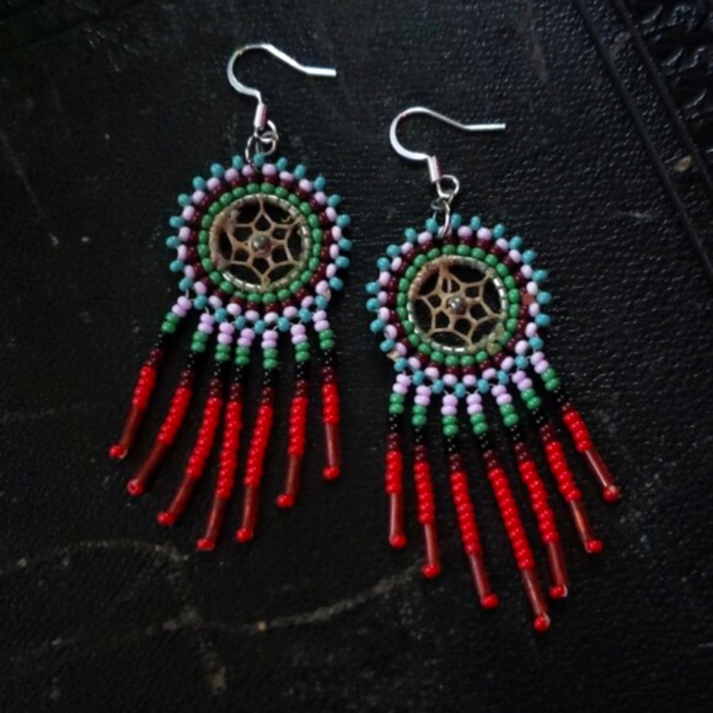 Beaded Dreamcatcher Earrings - Red Black Lavender Aqua Festival Bohemian Fringe